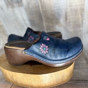 Indigo Blue Leather Mules with Pink Floral Design